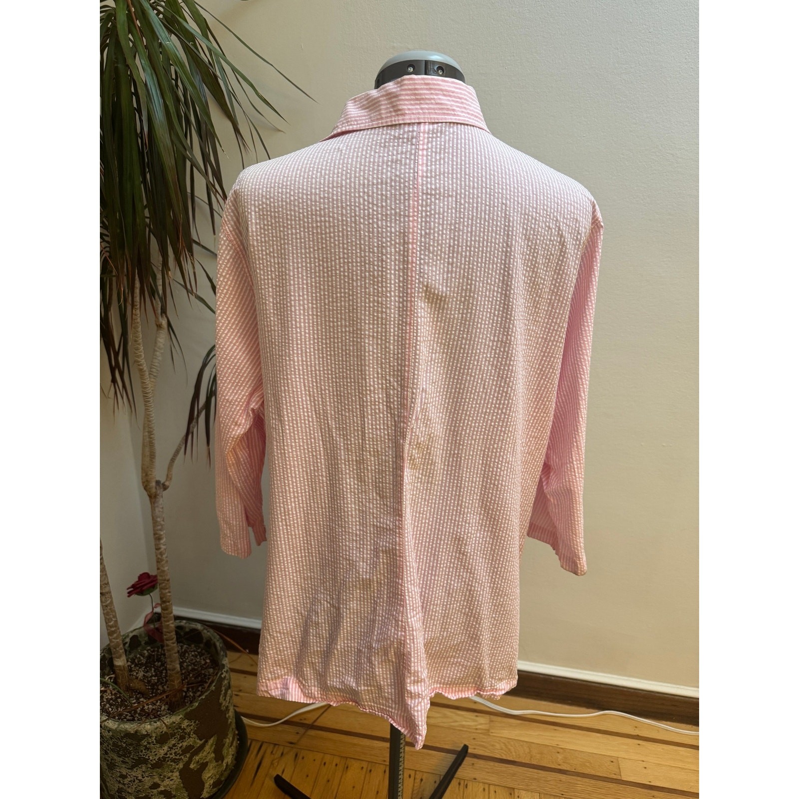 Lands End Pink Seersucker Button Down Shirt 16W Plus Cotton Stripe Blouse