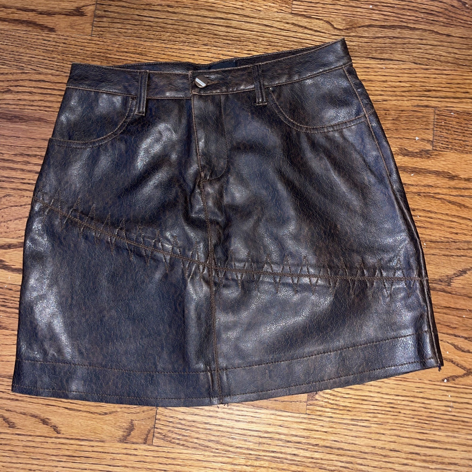 Vintage 90s Y2K No Boundaries PVC Faux Leather Stitch Detail Brown Mini Skirt
