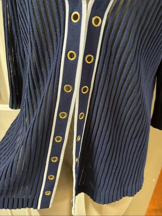 Ming Wang Navy Ribbed Cardigan with White Trim and Gold hardware, small