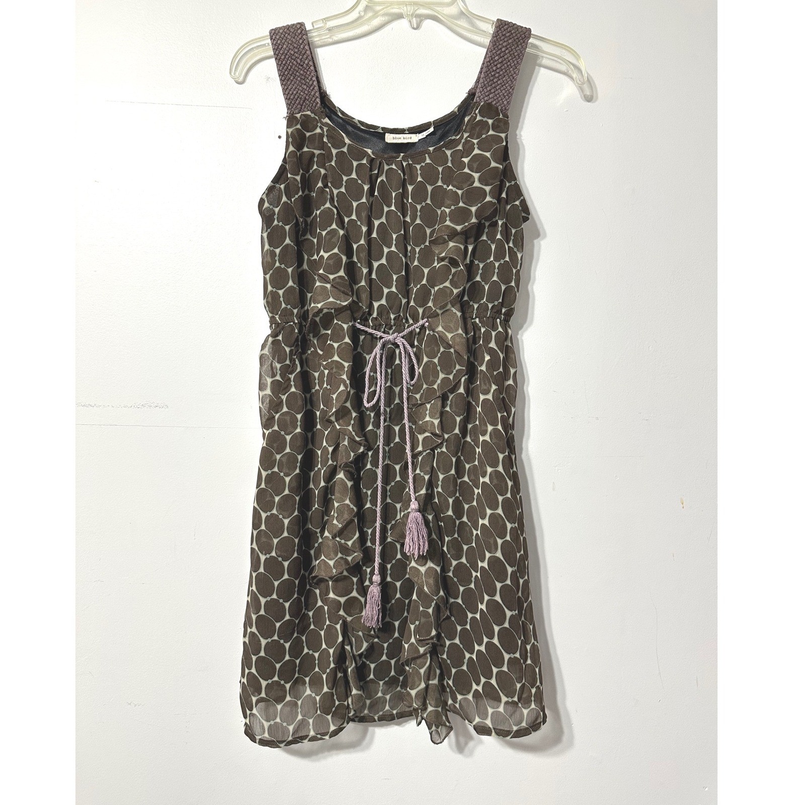 Blue Bird Mini Dress Womens Medium Brown Polka Dot Ruffle Tassel Boho Sleeveless