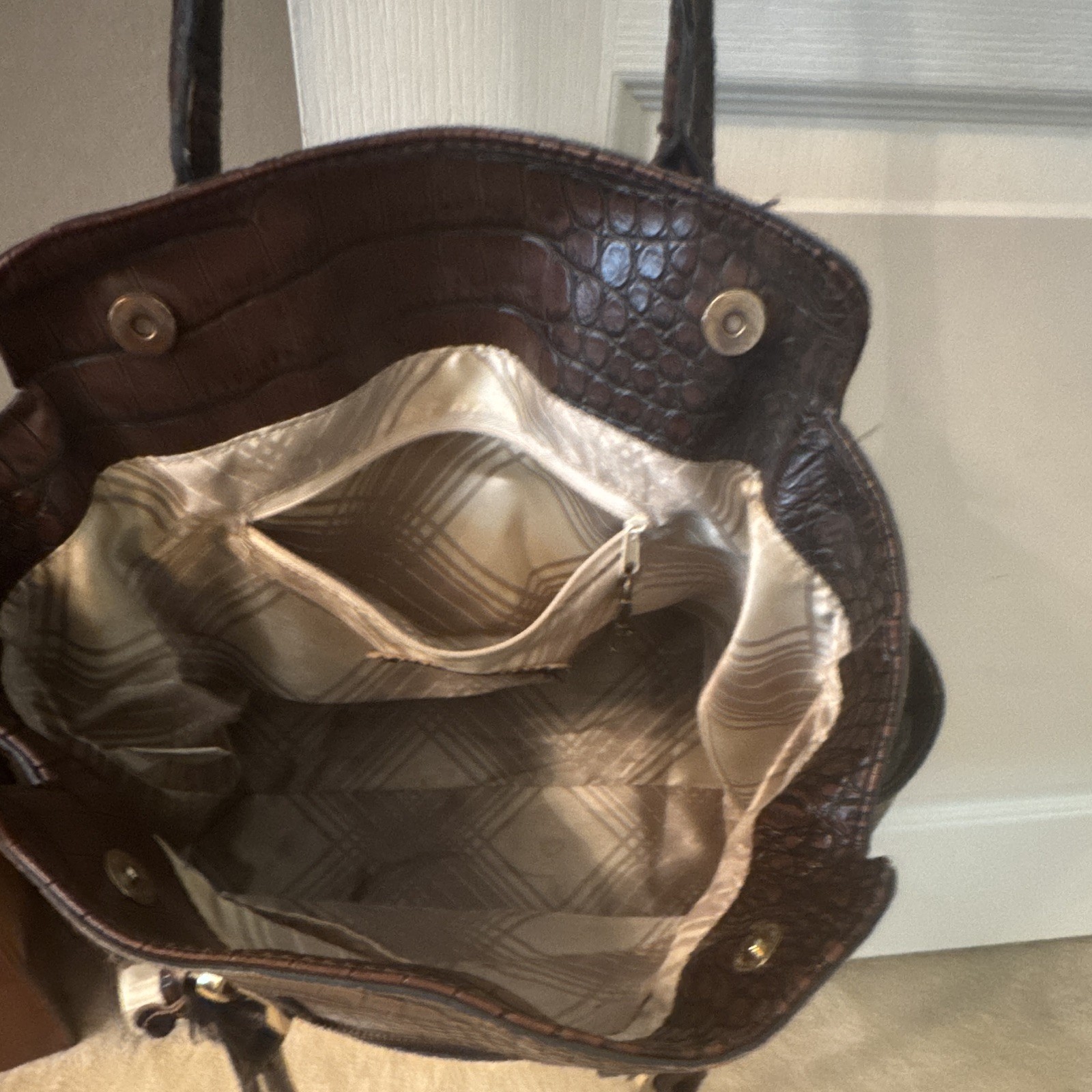 Brown Croc-Embossed Large Satchel Top Handle Bag, Zip Closure, Outer Pockets