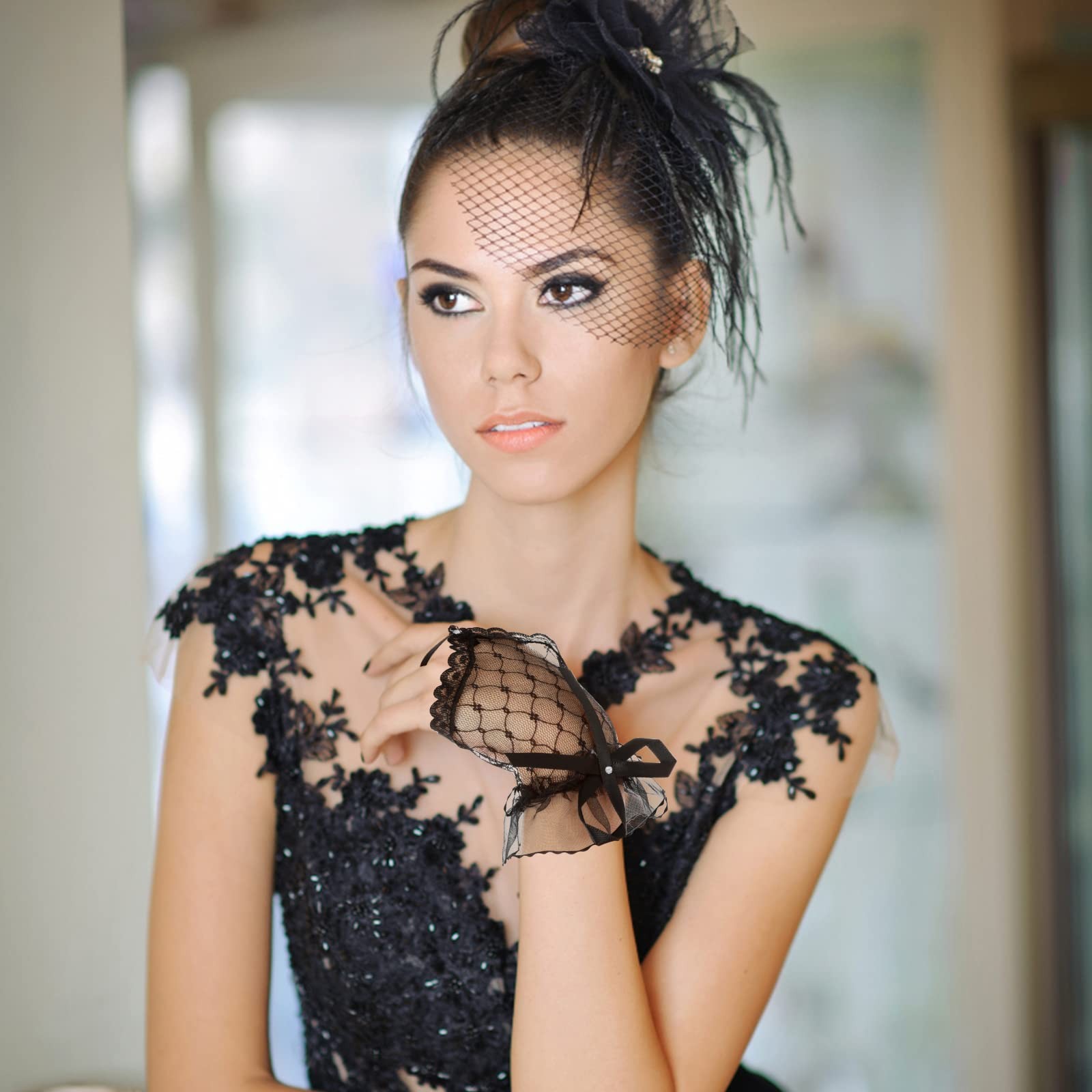 Yolev Wedding Fingerless Rhinestone Lace Gloves Length: 18cm/7.1inch, Black