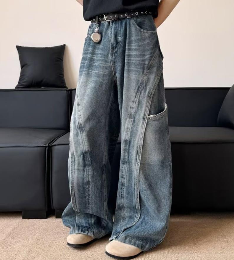 Men’s Retro Blue Denim Loose Fit Jeans Pockets Punk Hip Hop Trousers Casual New