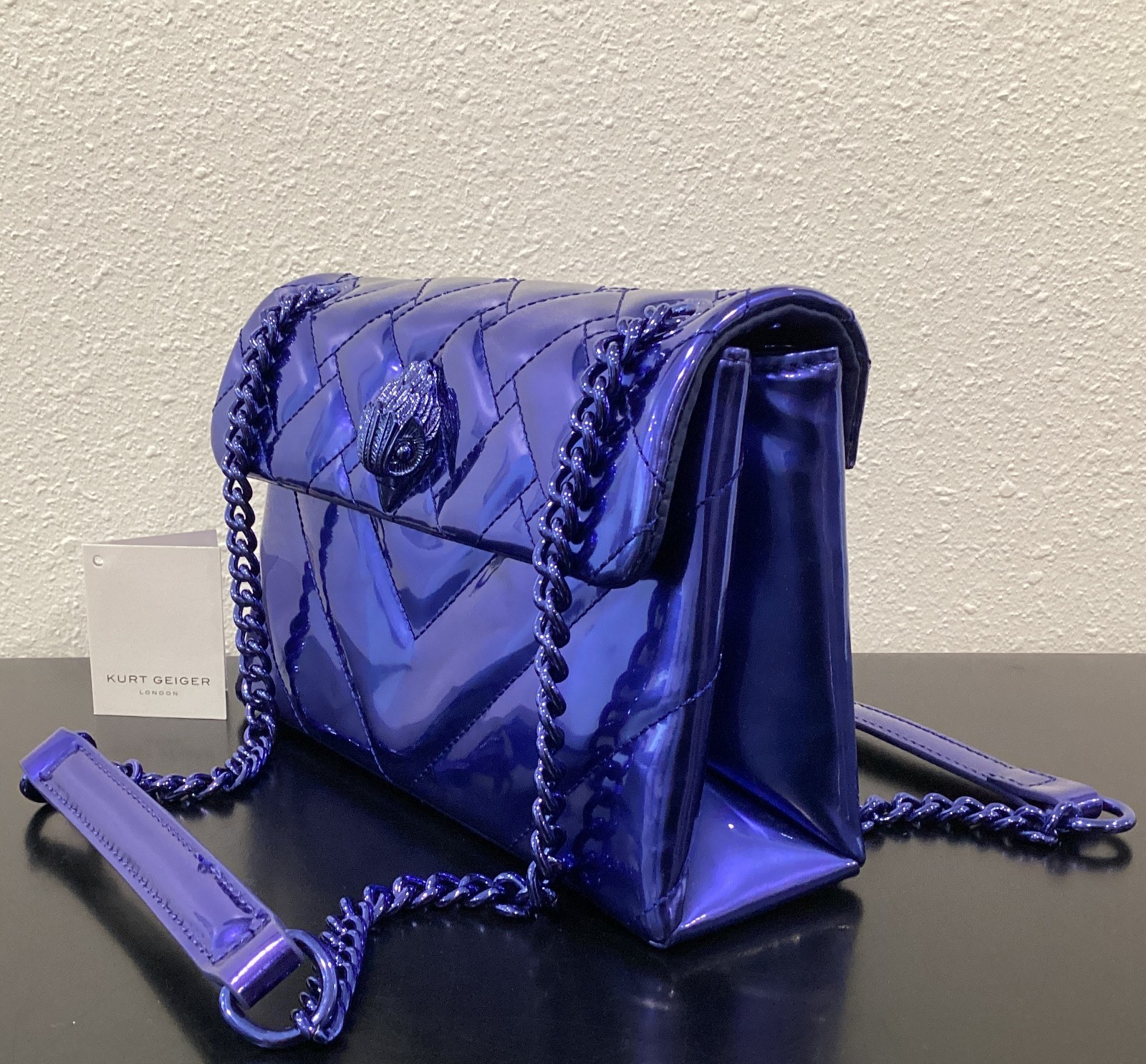 Kurt Geiger Medium Kensington 8.75″ x 5.5″ x 3″ Drench Metallic Leather Blue New