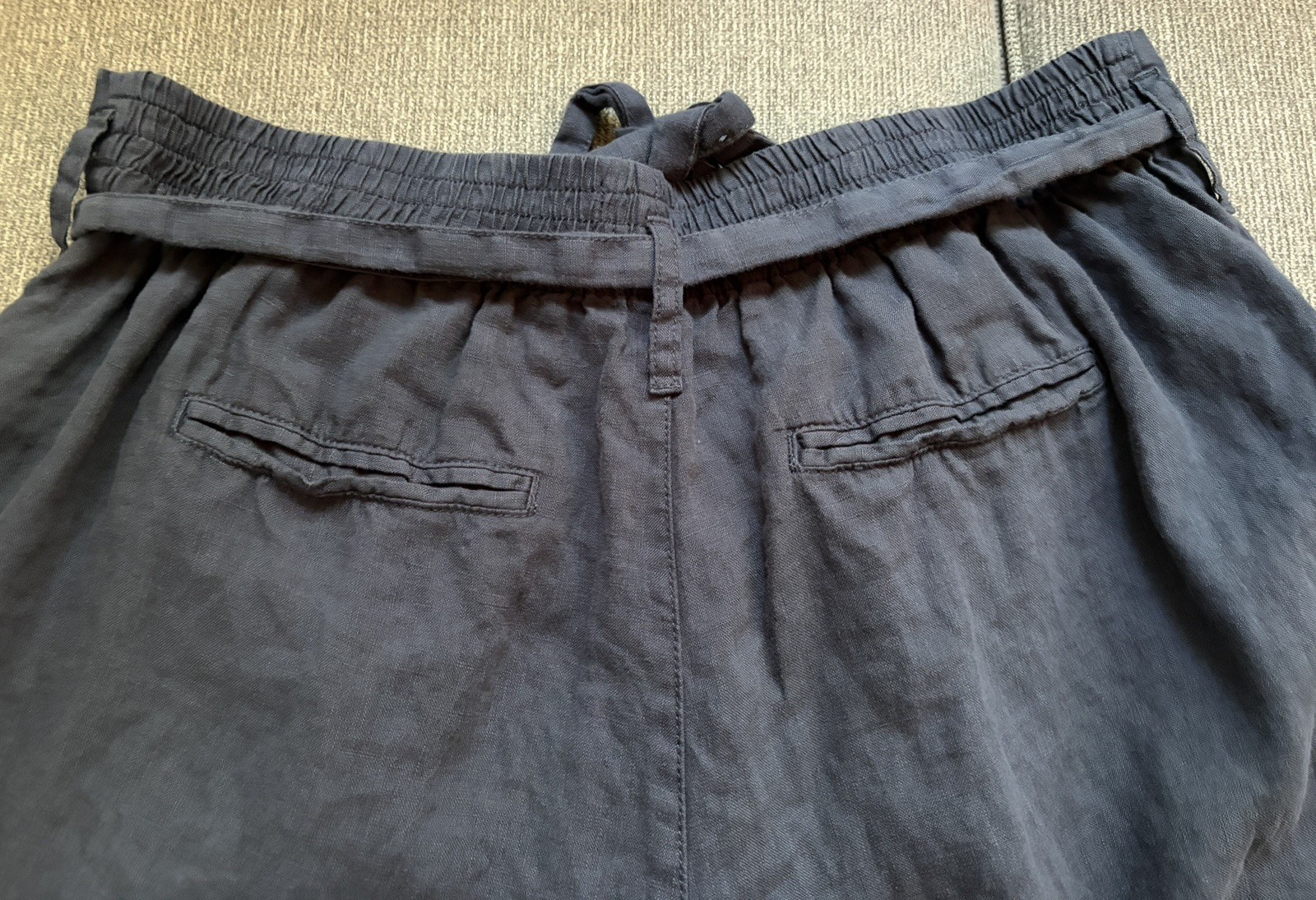 Nicole Miller Linen Pants Large L Blue Wide Leg Cropped Paperbag Waist Tie Belt