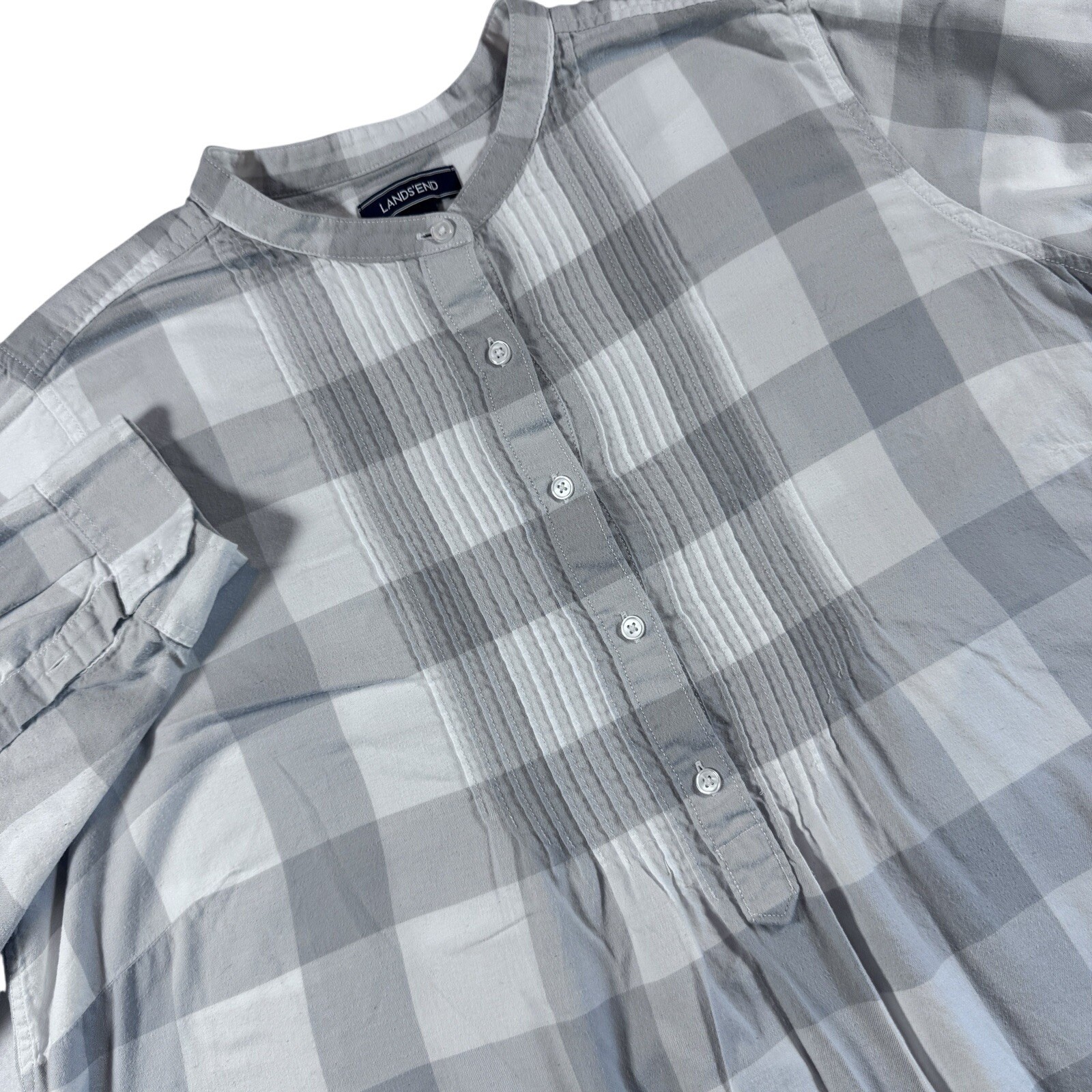 Lands End Flannel Popover Pintucked Shirt Womens 20W Ivory Gray Buffalo Plaid