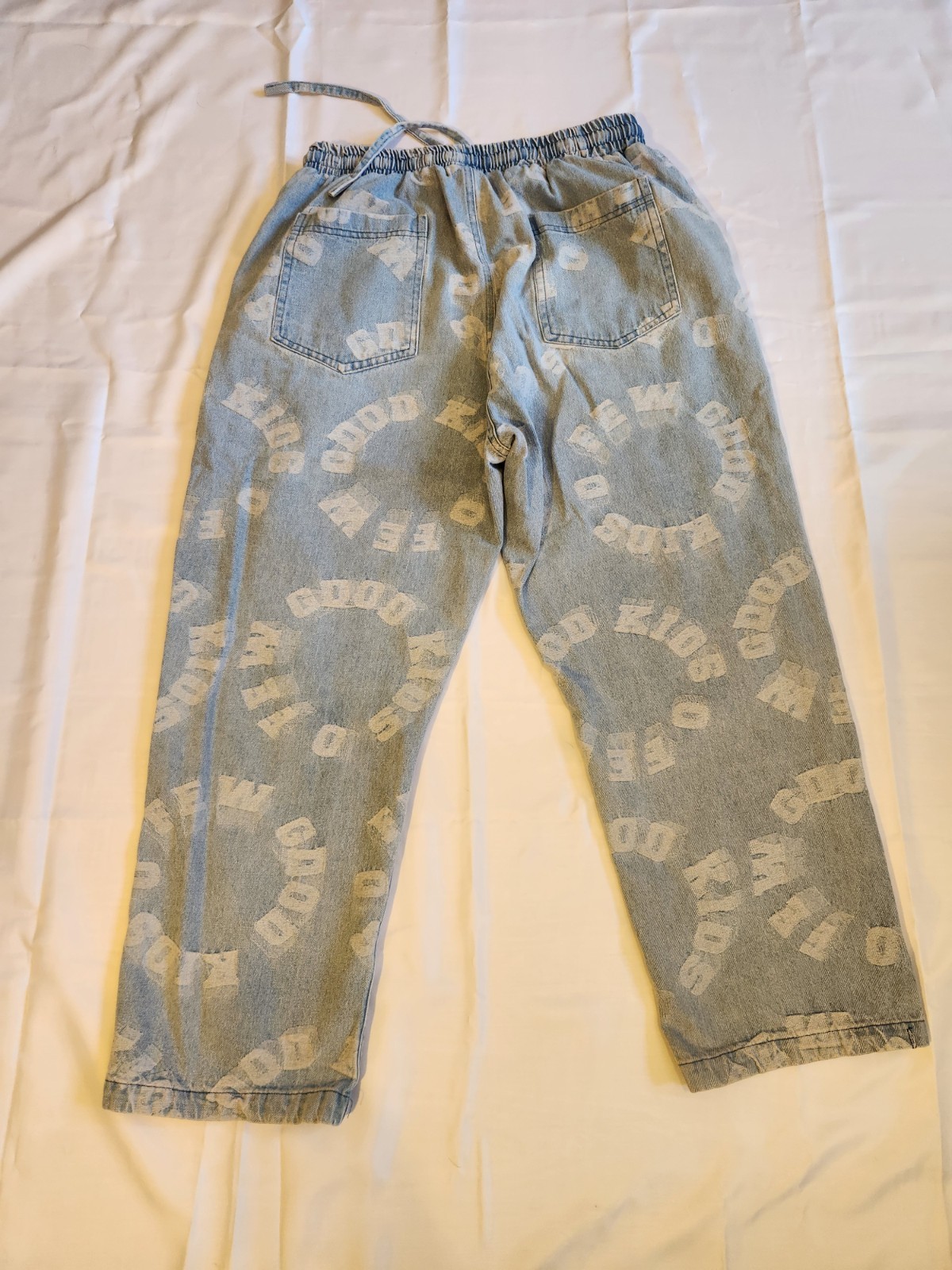 Studio One Light Wash Blue Denim Wide-Leg Jeans Logo Drawstring Elastic XL