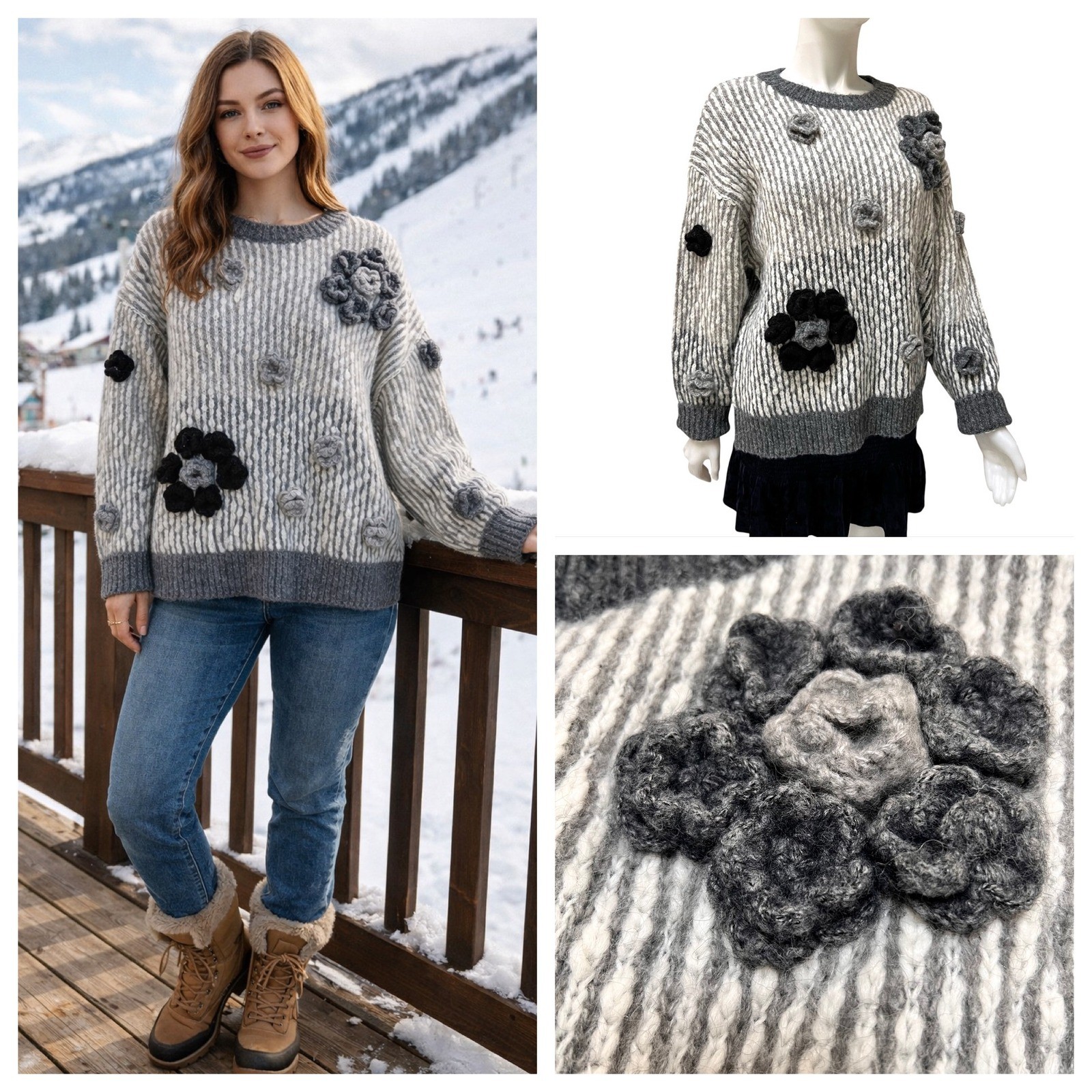 Grannycore Chunky Knit Oversized 3D Crochet Flower Sweater Women Grey Boho Large