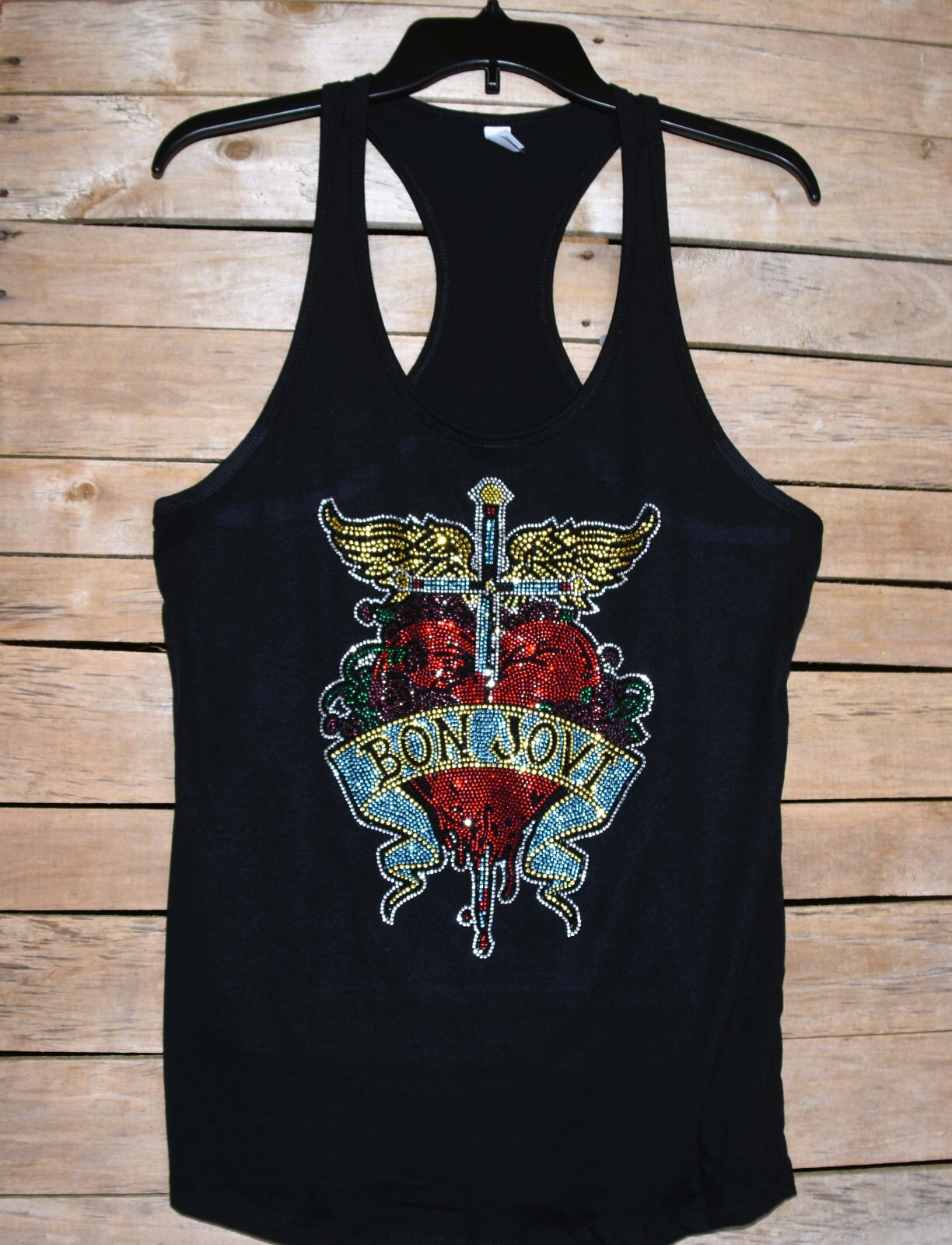 Bon Jovi rhinestone bling black racer back tank top XS, S, M, L, XL, 2XL