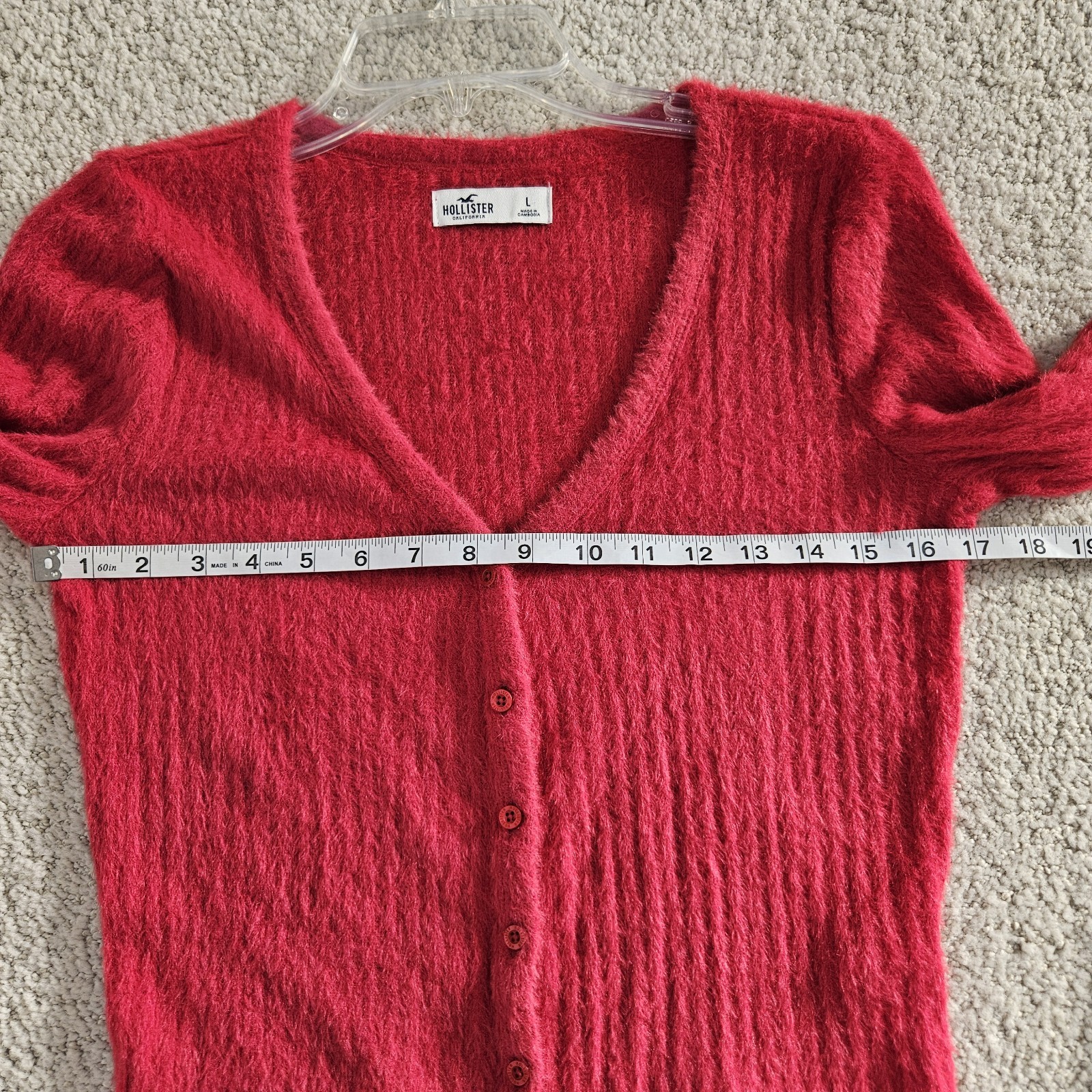 Hollister Cherry Red Cardigan Fuzzy Button Up V Neck Crop Large Holiday Preppy