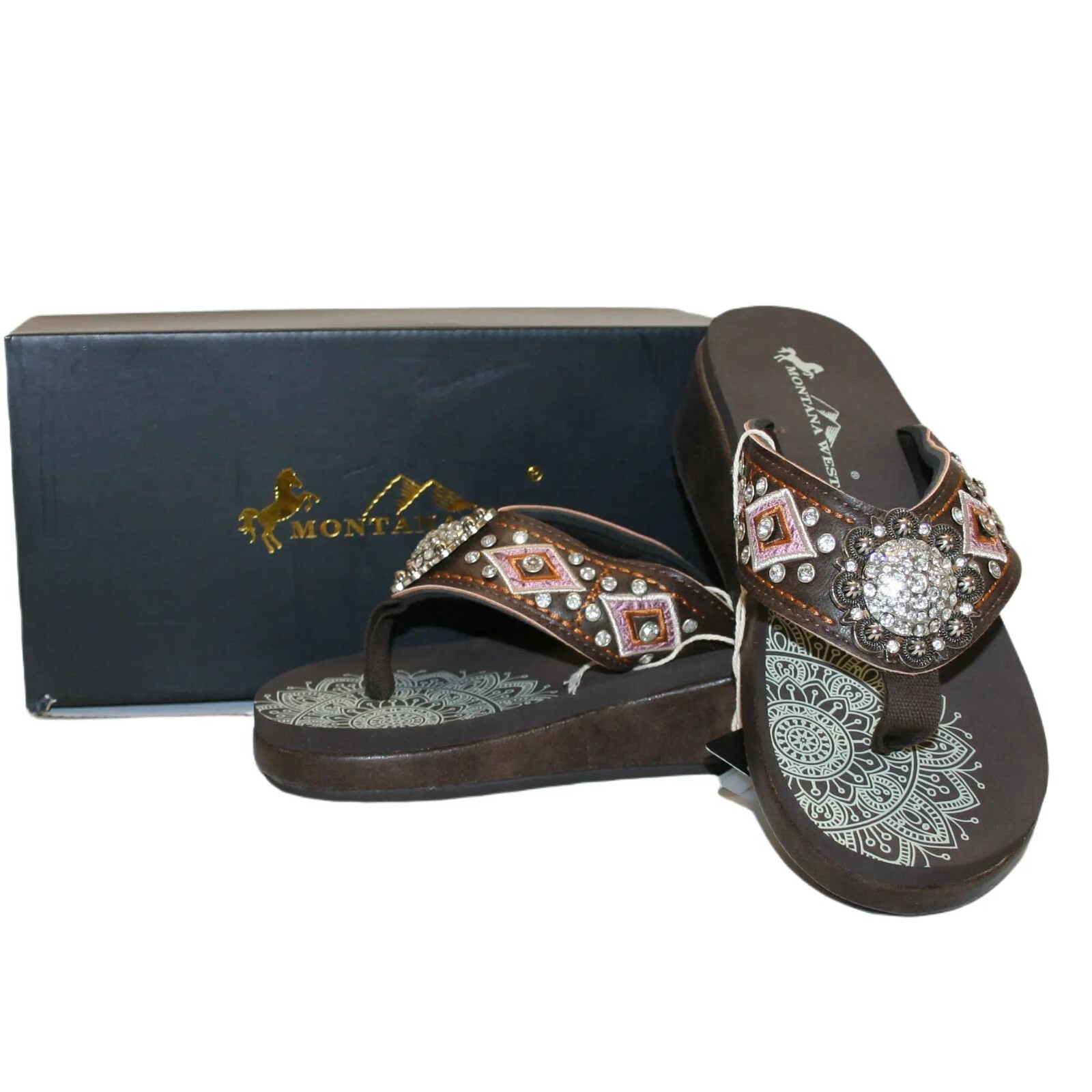 Montana West Women’s Platform Flip Flops Pink/Brown & Rhinestone Conch- NIB