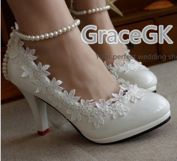 Women’s Lace Wedding Shoes Pearls anklet Bridal High Low Heels flat shoes