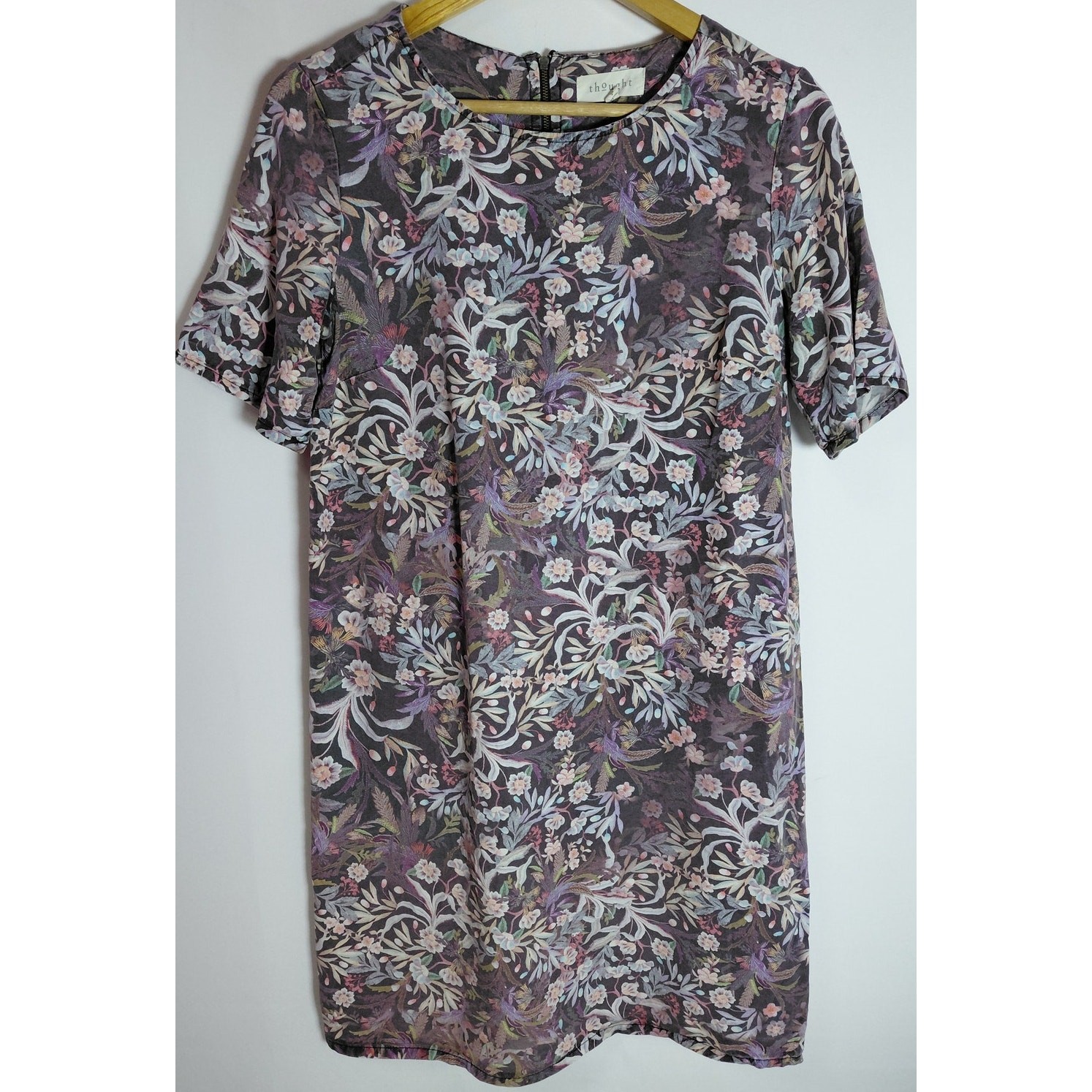 thought Floral Short Sleeve Dress Purple Knit Crew Neck Knee Length Size 10