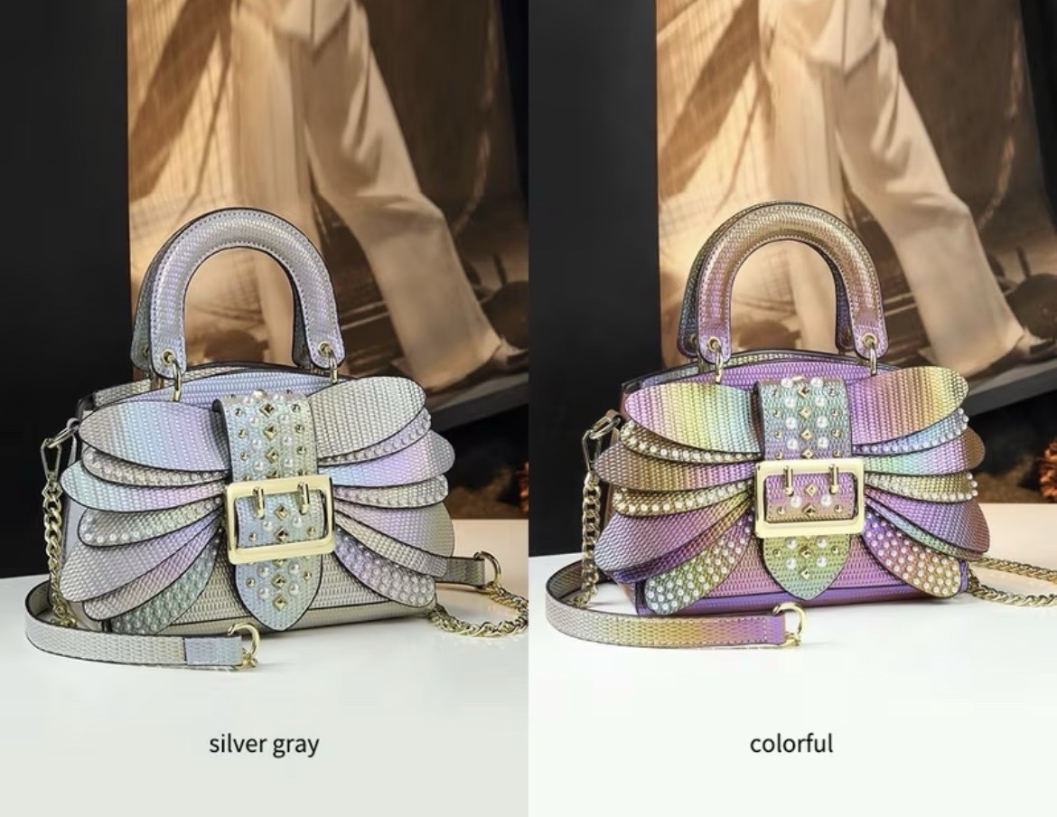 A rainbow-colored bag will match your dress.