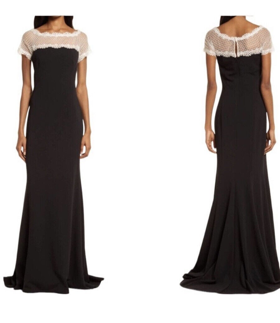 Tadashi Shoji Black Ivory Lace & Crepe A-Line column Gown XS $488