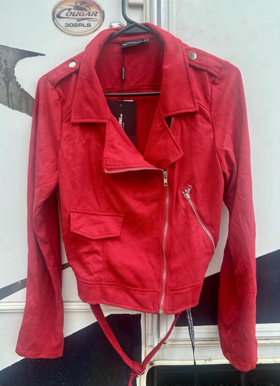 PrettyLittleThing Red Biker Jacket Belted Zip Buckle Women’s Size 12