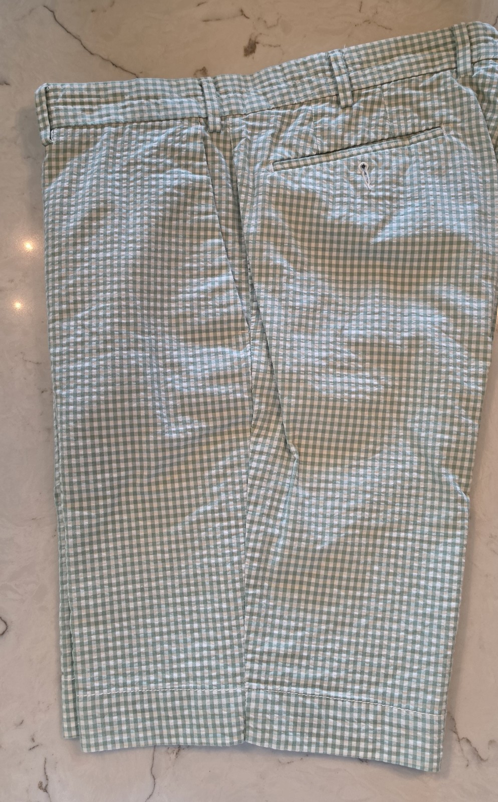 Polo Ralph Lauren Shorts Mens 34 Green Seersucker Check Flat Front 10 Inseam