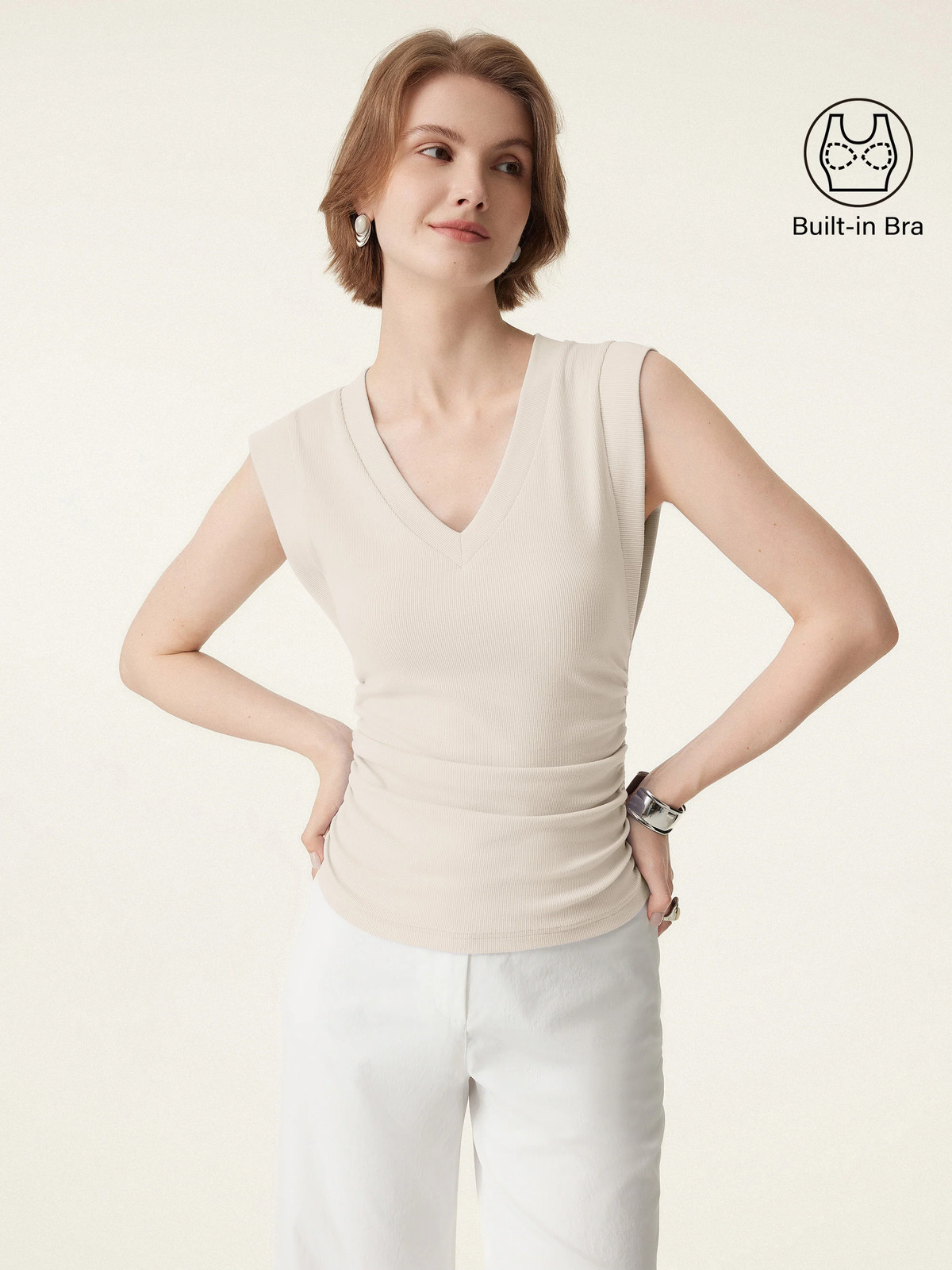 2Pcs Set V-neck Bra Top & Mid Rise Straight Pant with Pockets-OGLmove|118912
