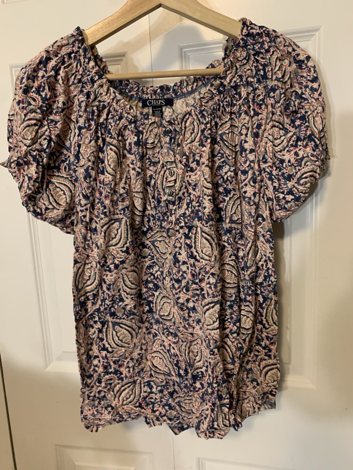 Chaps Womens XL Floral Print Round Neck Cap Sleeve Blouse Top Pink Blue Paisley