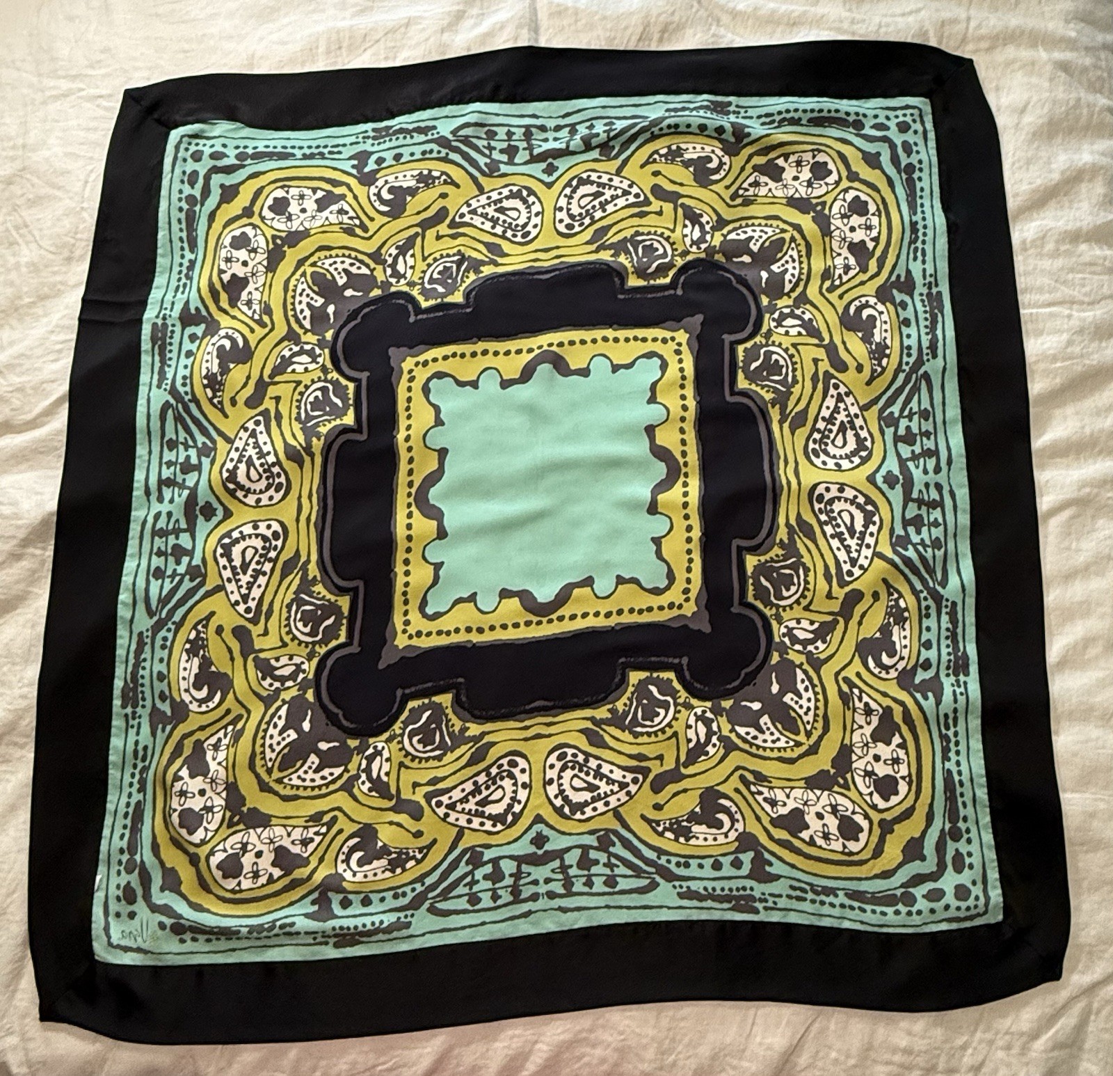 Vera Neumann Bold Teal Black Celadon Silk Scarf With Double Layer Border 43in Sq