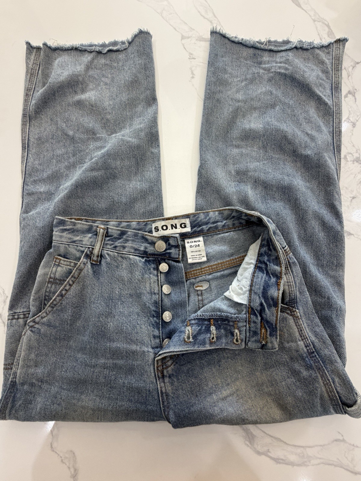 S.O.N.G. High Rise Wide Leg Carpenter Utility Jeans Y2K Raw Hem Blue Size 0 24