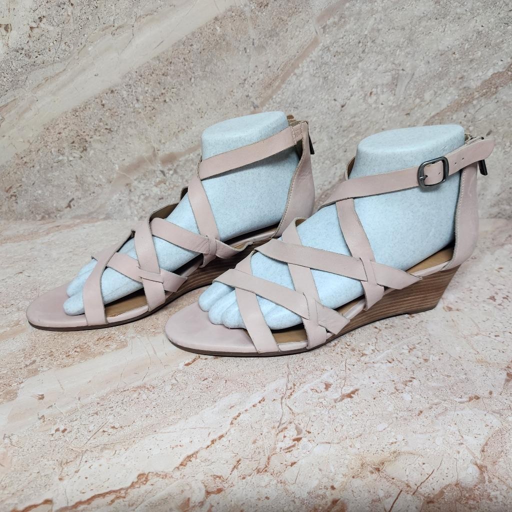 LUCKY BRAND JEWELIA Sandshell Leather Wedge Strappy Zipper Heel Sandals US 9.5!