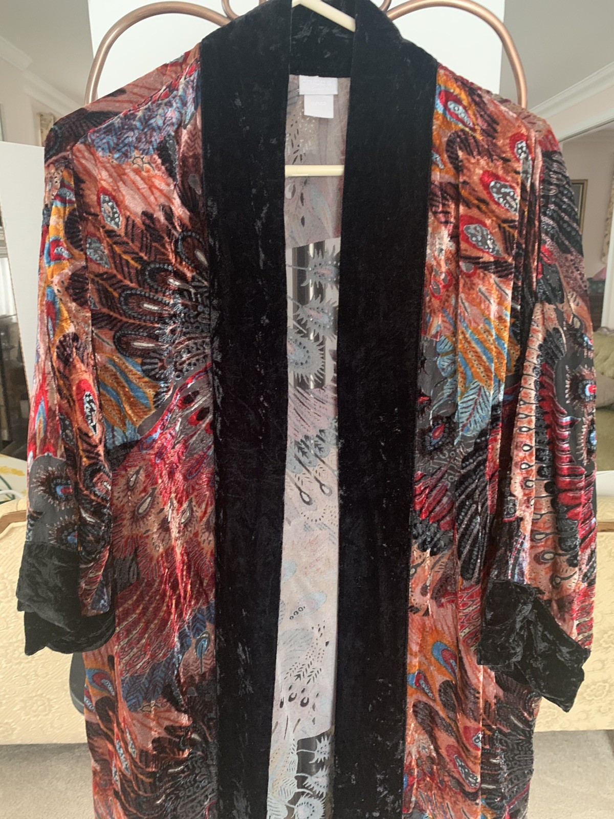 EUC Chicos Travelers Burnout Multicolor Kimono Velvet Trim Peacock sz S/M