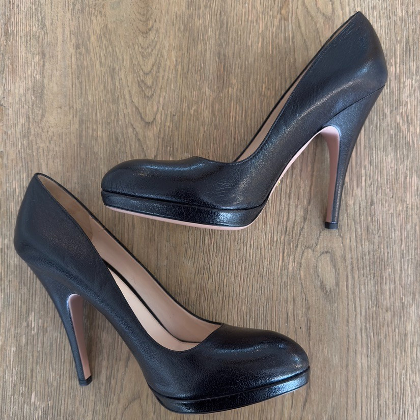 PRADA 120mm Saffiano Pumps-Italian Designer Black Round Toe High Heels-Sz US 8.5