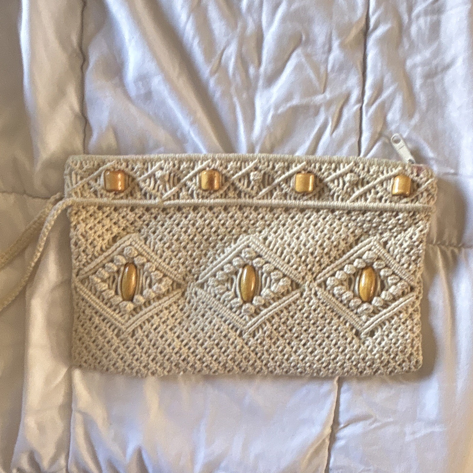 Beige Beaded Zip Wrist Strap Clutch Lined Inner Pockets Bohemian Women’s