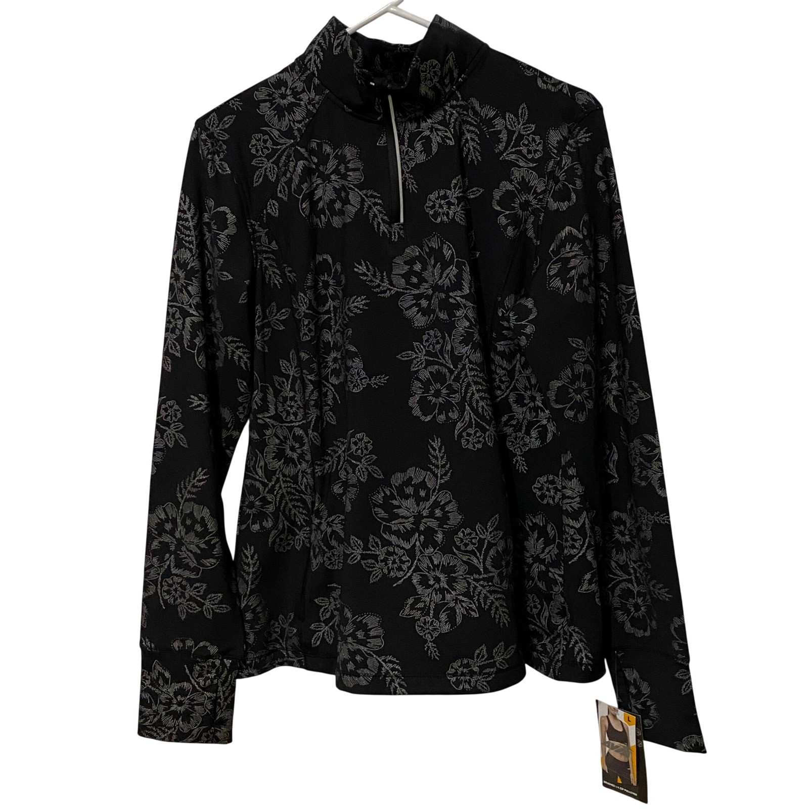 Avia Black Soot Floral Brushed 1/4 Zip Pullover Track Jacket L Athleisure Sporty