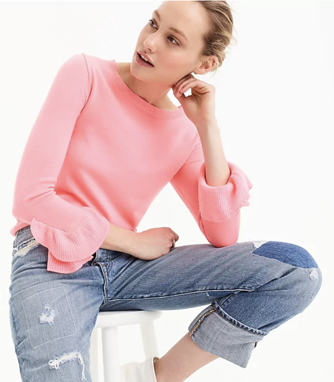 J.Crew Merino wool crewneck with ruffle sleeves sweater-H7721-XXS, XS, S, M,L,XL