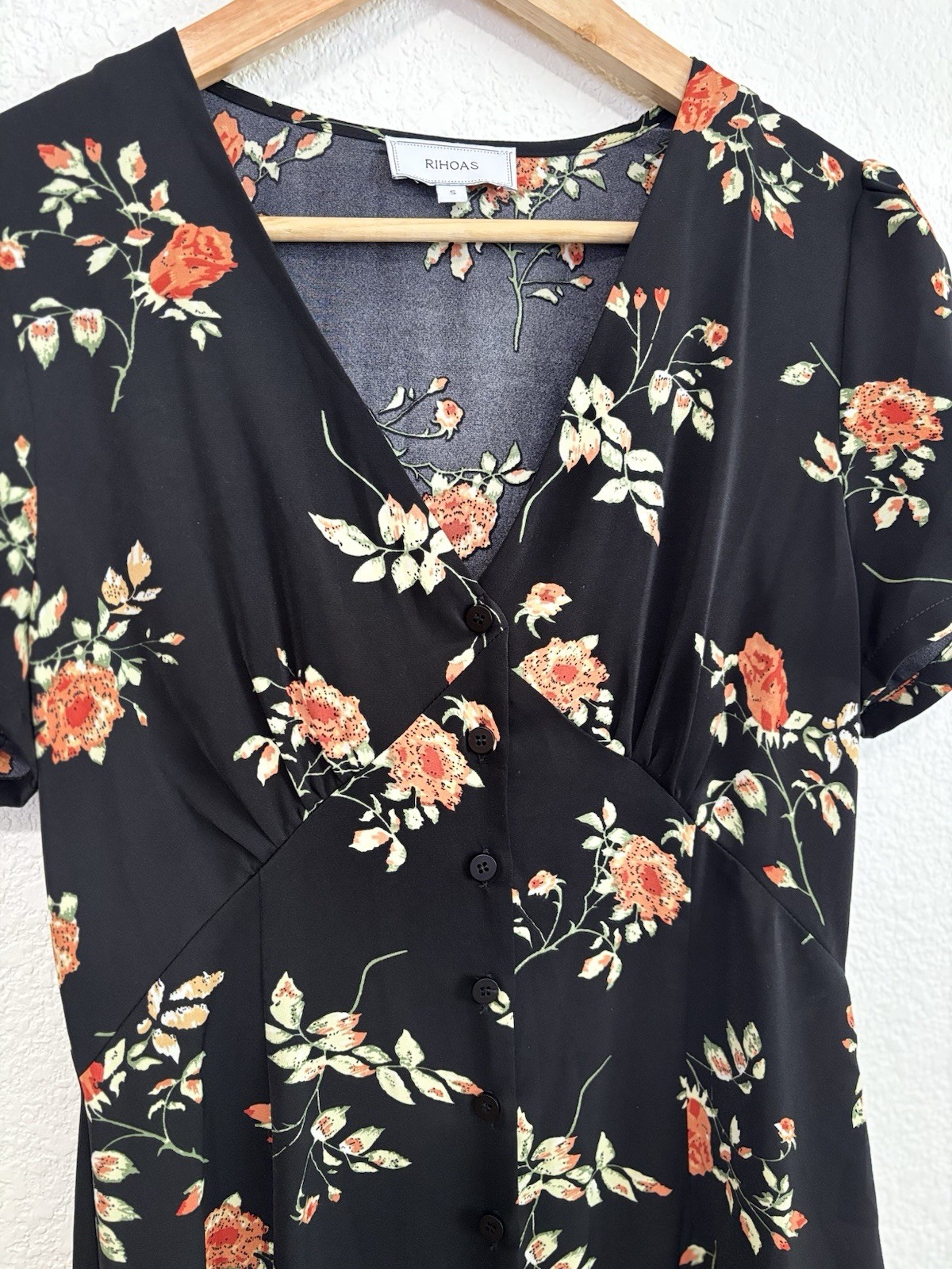 RIHOAS Black Floral Midi Dress Small Cottagecore Button Front Short Sleeve