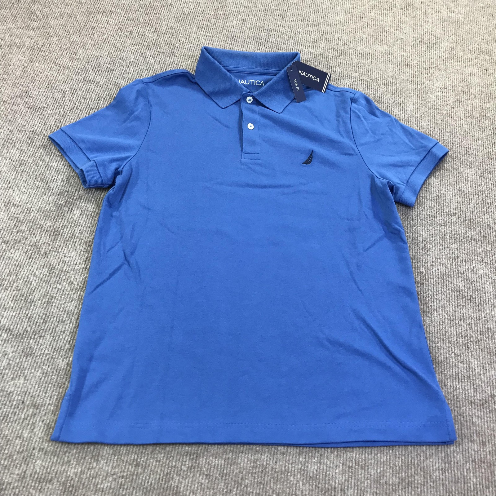 Nautica Polo Shirt Mens Medium Blue Slim Fit Solid Knit Logo Short Sleeve KR2826