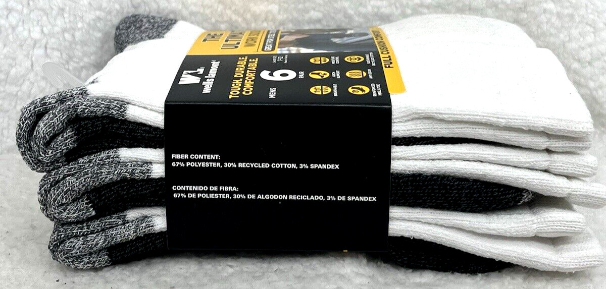Wells Lamont Men’s Work Crew Socks 6-Pk White/Gray Great For Steel Toe Boots