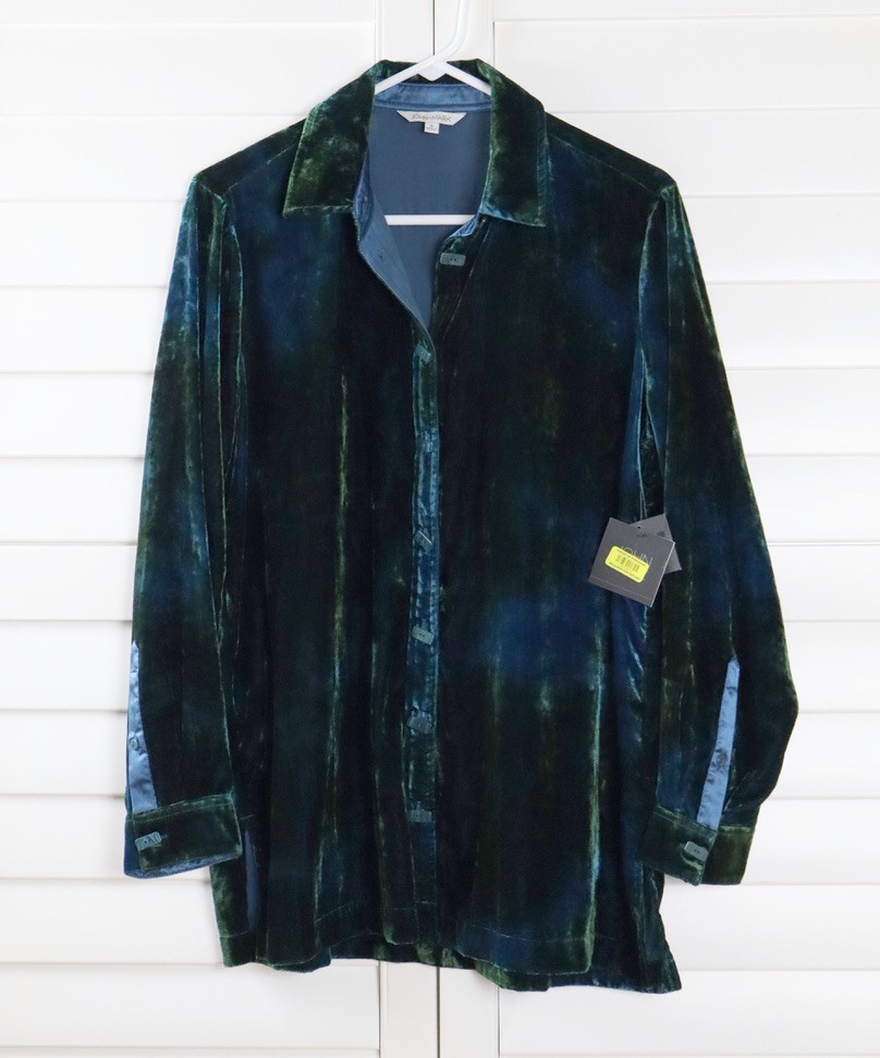 JOHN MARK NWT $119 Velvet Soft Button Up Hi Lo Blue Green Shirt Top Size Small