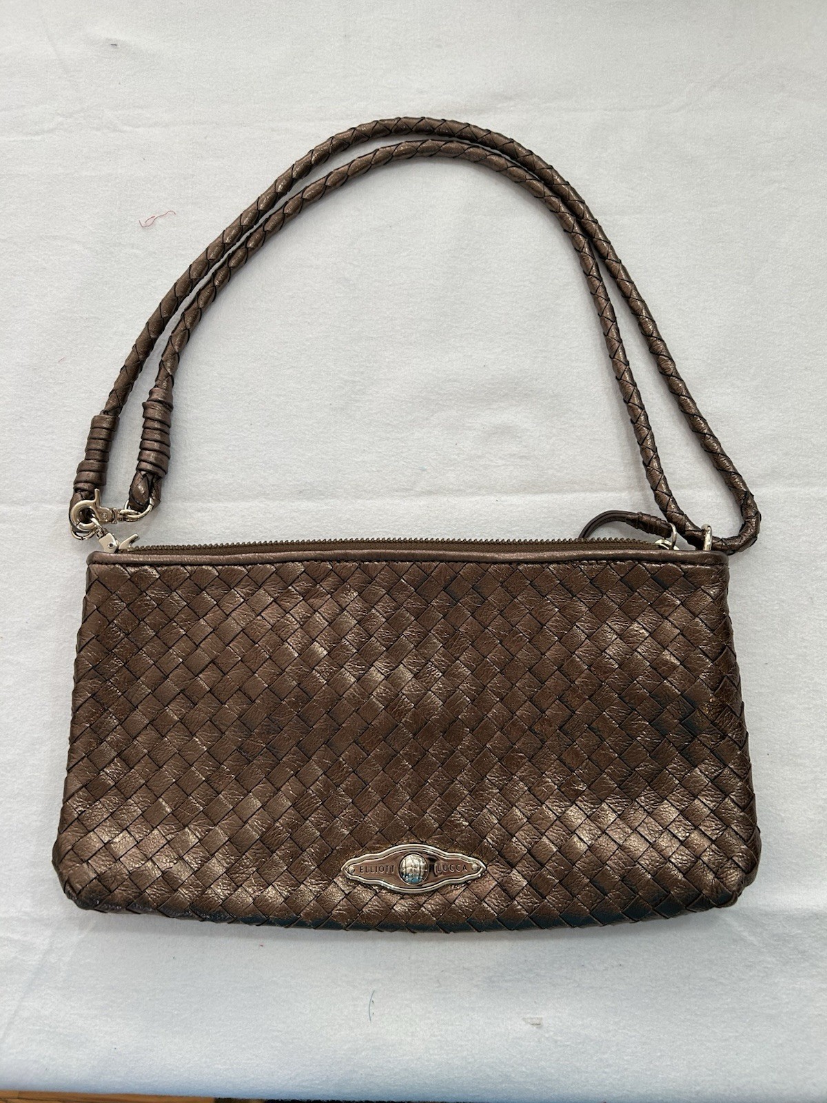 Elliott Lucca Crossbody Shoulder Bag Woven Leather Bronze Metallic Adjustable