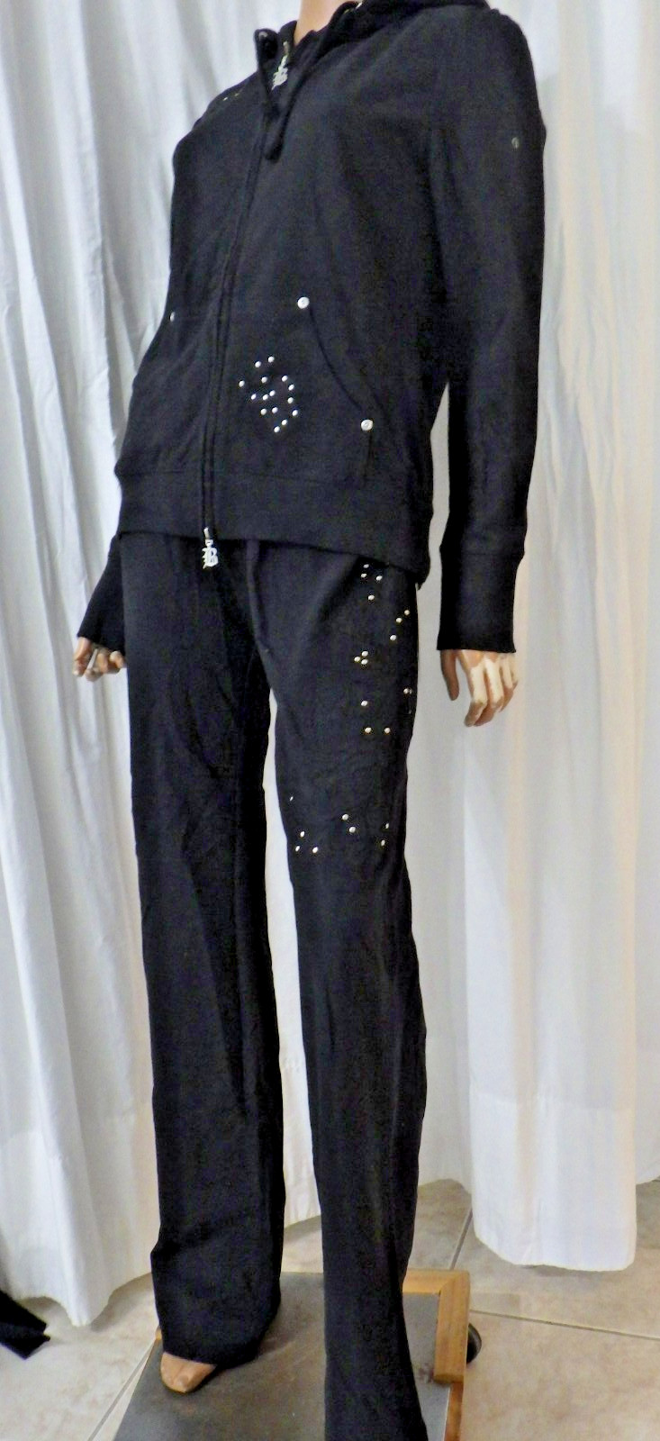 NWT BCBG sz LARGE (Bust38-40) BLK ON BLK APPLIQUE 100% COTTON 2 PIECE TRACKSUIT