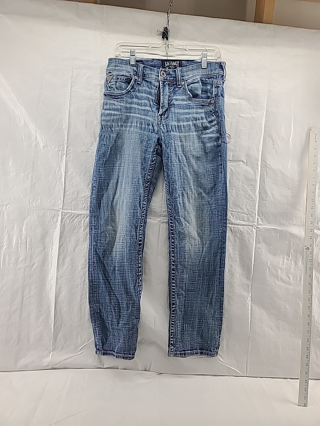 Salvage Mayhem Straight Jeans Size 32s BKE Buckle Acid Wash Whiskers