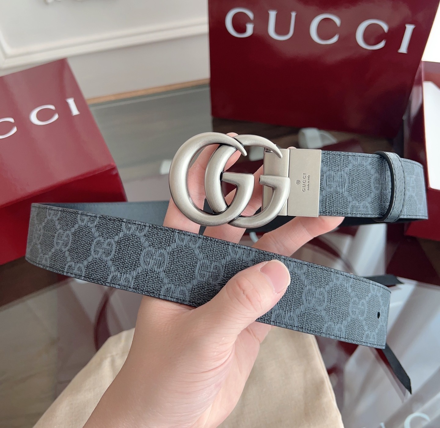 New Gucci Black Leather GG Canvas Men’s Reversible Belt Retro GG Buckle 3.7cm