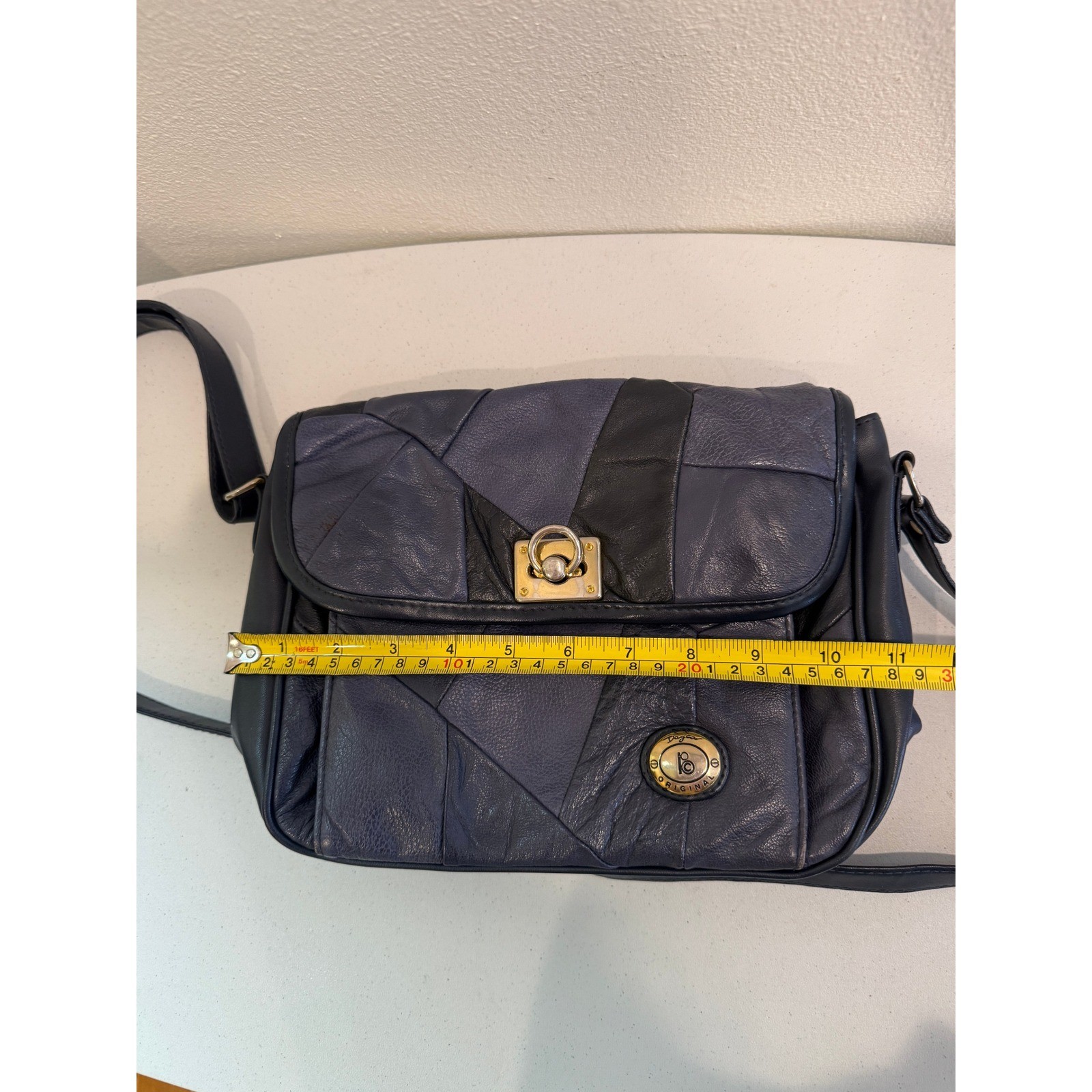 Paglia Original Vintage Navy Patchwork Leather Crossbody Shoulder Bag Gold Tone