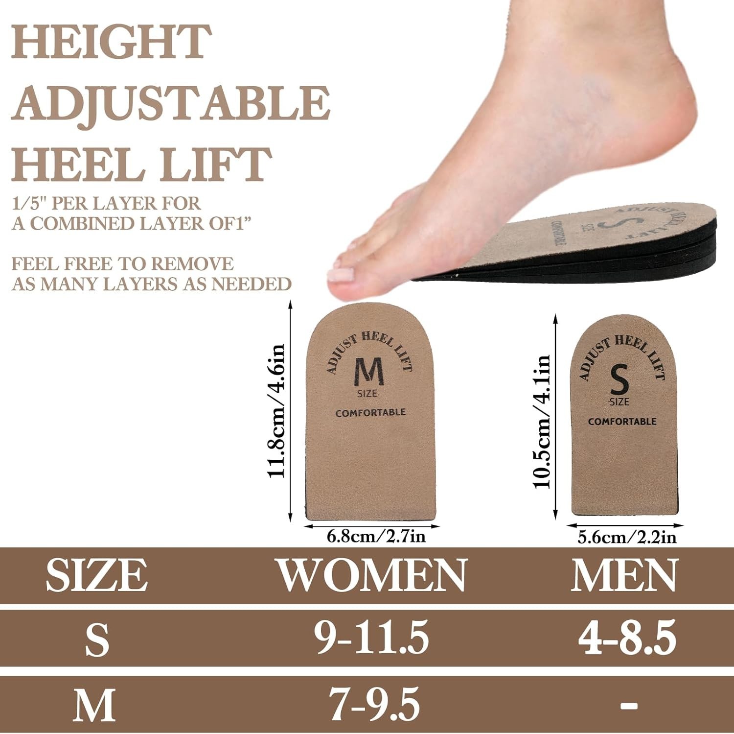 2 Pack Adjustable Heel Lifts, Brown Shoe Inserts (Small), Cushioned Comfort Pads