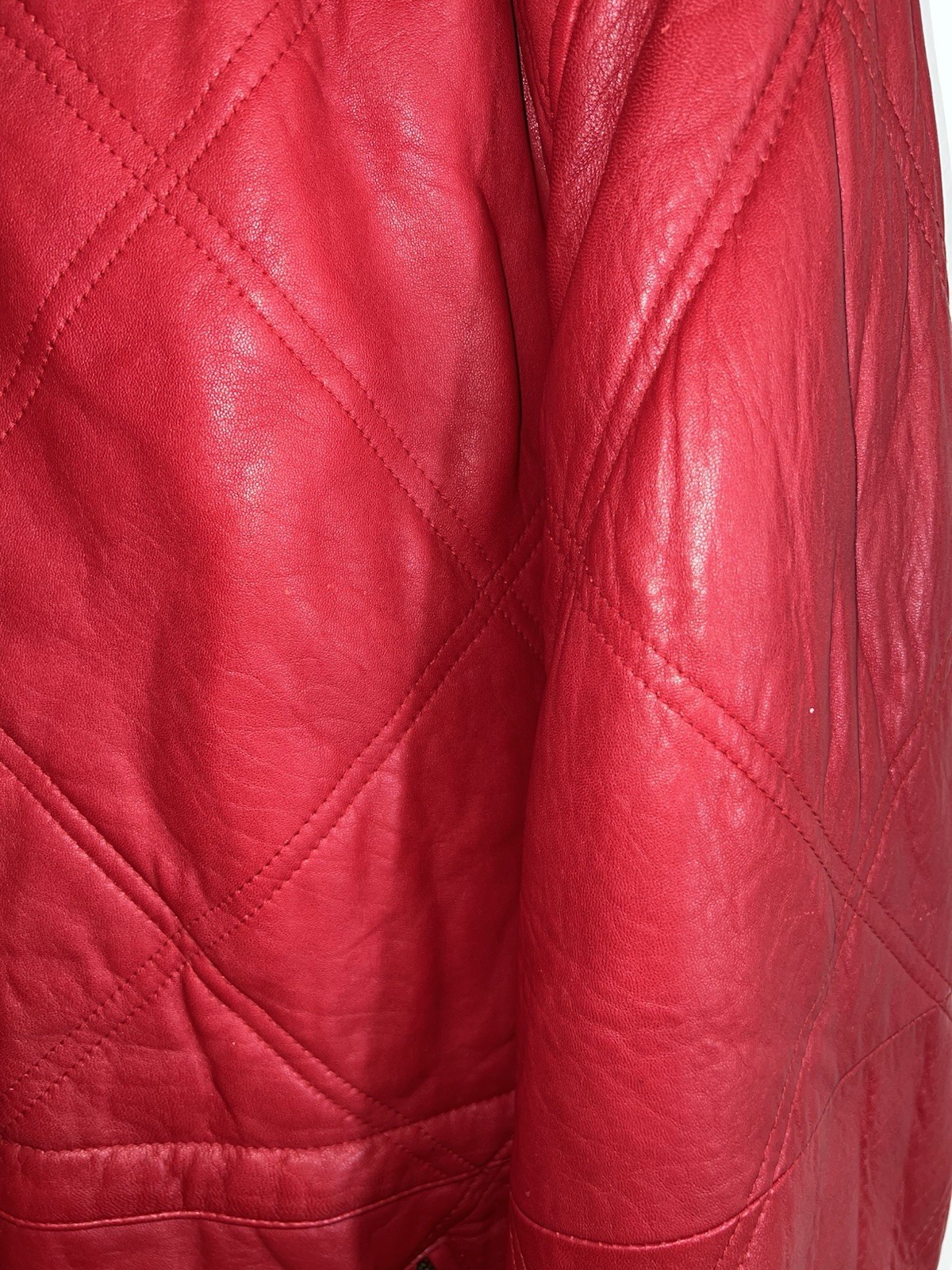 NWT Jacqueline Ferrar Red Quilted Leather Coat Jacket Black Fur Trim Womens L