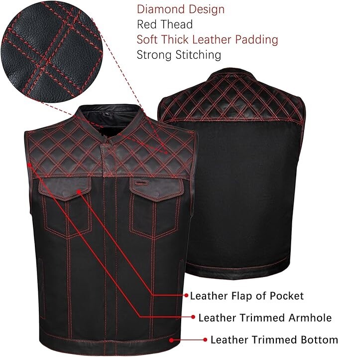 SOA Men’s Motorcycle Club Denim & Leather Vest Concealed Carry Pocket Multicolor