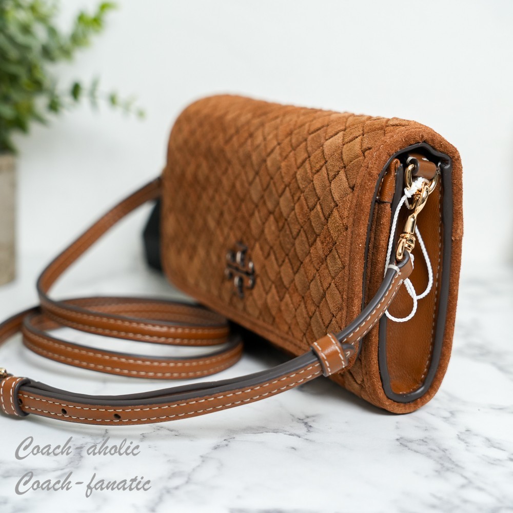 Tory Burch Thea Woven Suede Flat Wallet Crossbody in Chicory Brown NWT