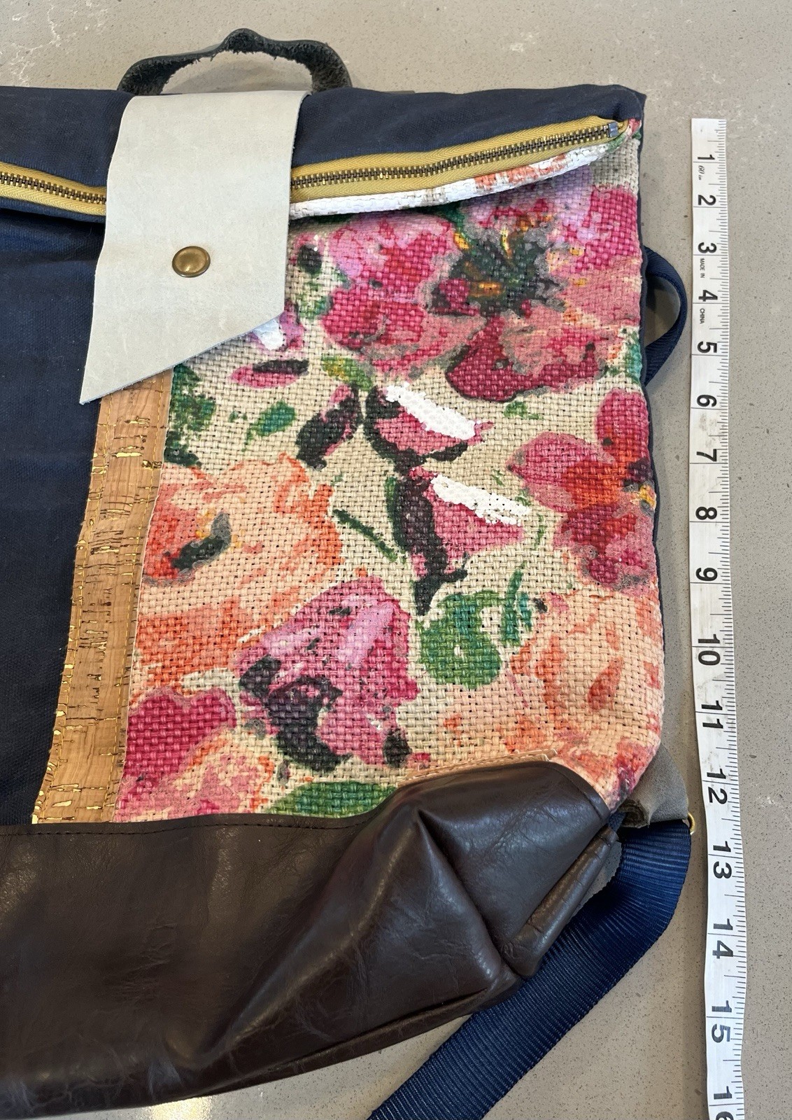 Handmade Roll Zip Backpack Denim Hand Painted Floral Textile Leather Boho Bag