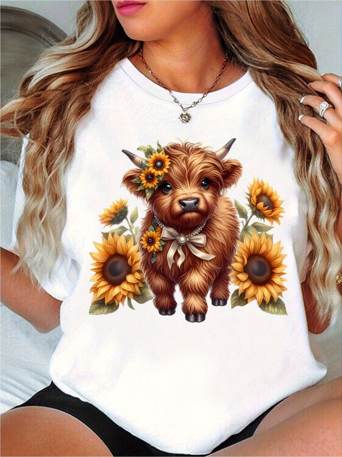 Women’s Highland Cow Sunflower Graphic T-Shirt Farm Animal Casual Summer Tee