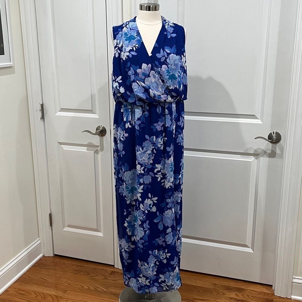 New! Jessica Howard Blue V-Neck Sleeveless Maxi Dress Size 14W NWT