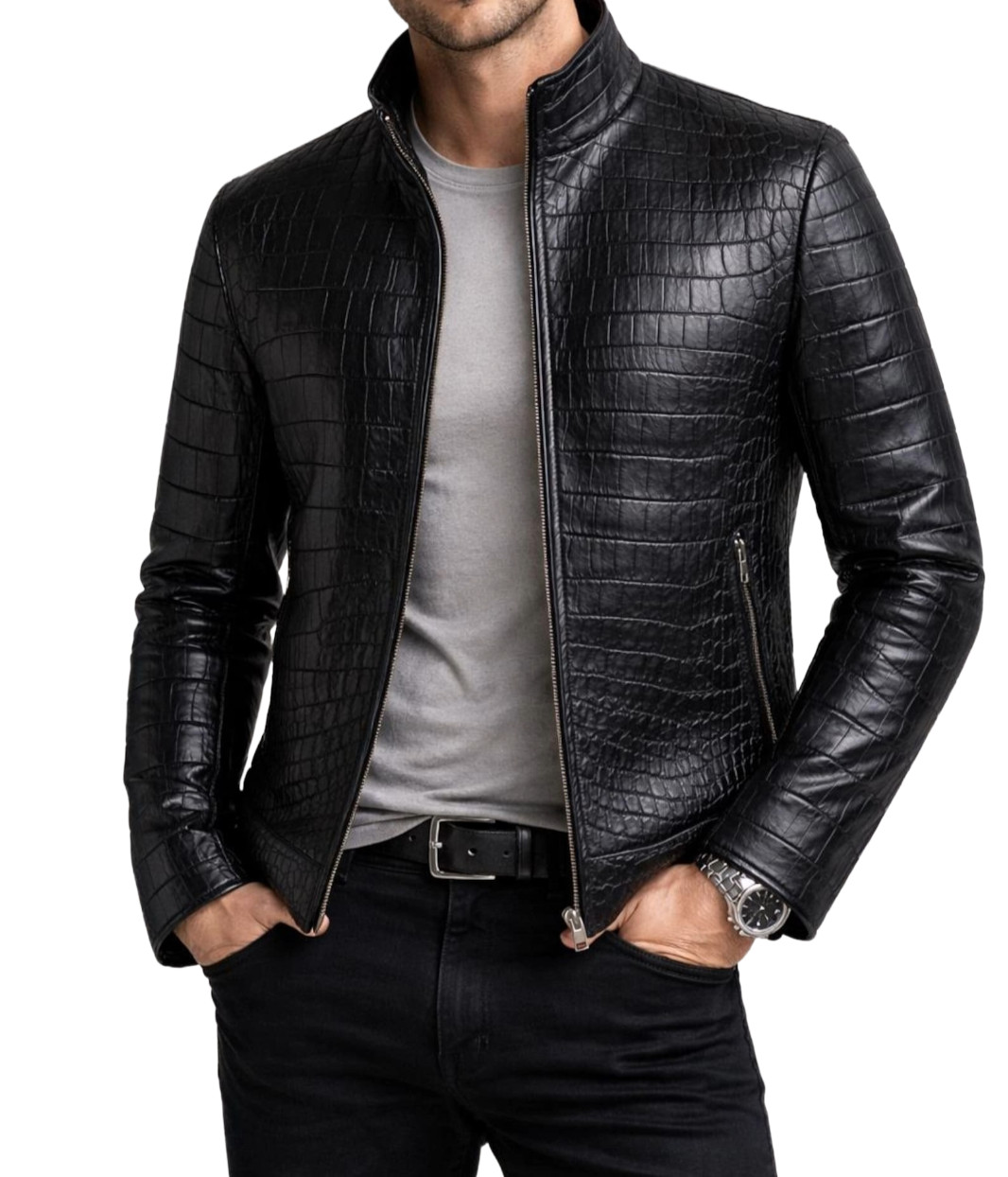 Men’s Black Real Leather Jacket Crocodile Print Designer Zipper Biker Jacket