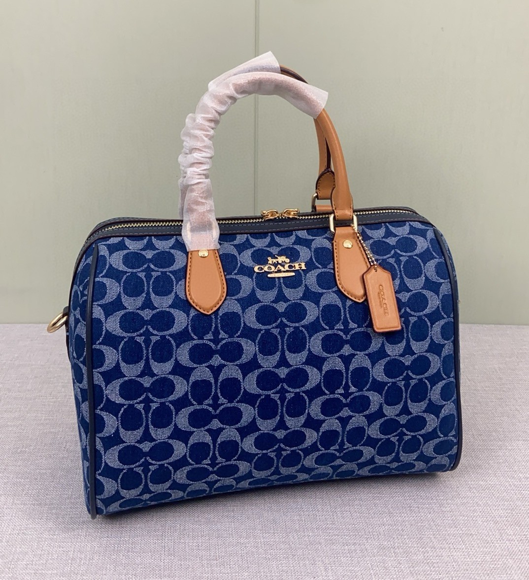 NWT CY699 Rowan Large Satchel Bag Signature Canvas Blue Brown