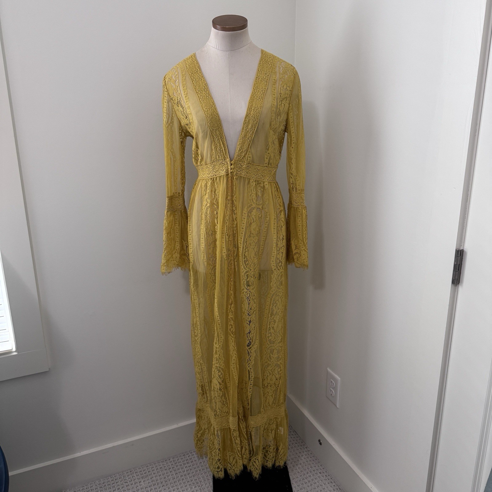 Medium Golden Mustard Yellow Sheer Lace Kimono Duster Long Bell Sleeves Boho